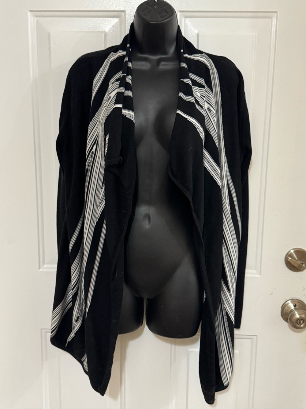 Tribal Black Open-Front Cardigan with White Stripe Accents